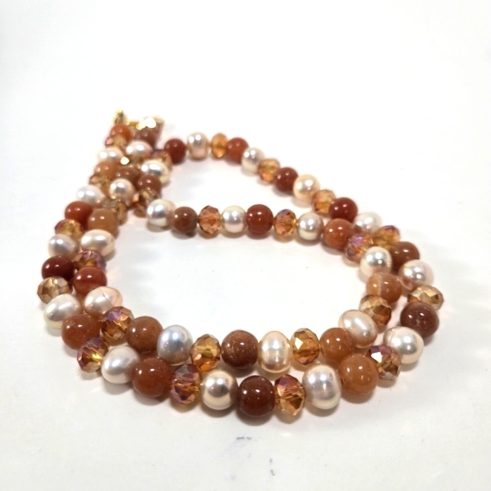 Pearl and Carnelian Stone Necklace with Faceted Peach Crystal Beads 22" Classic